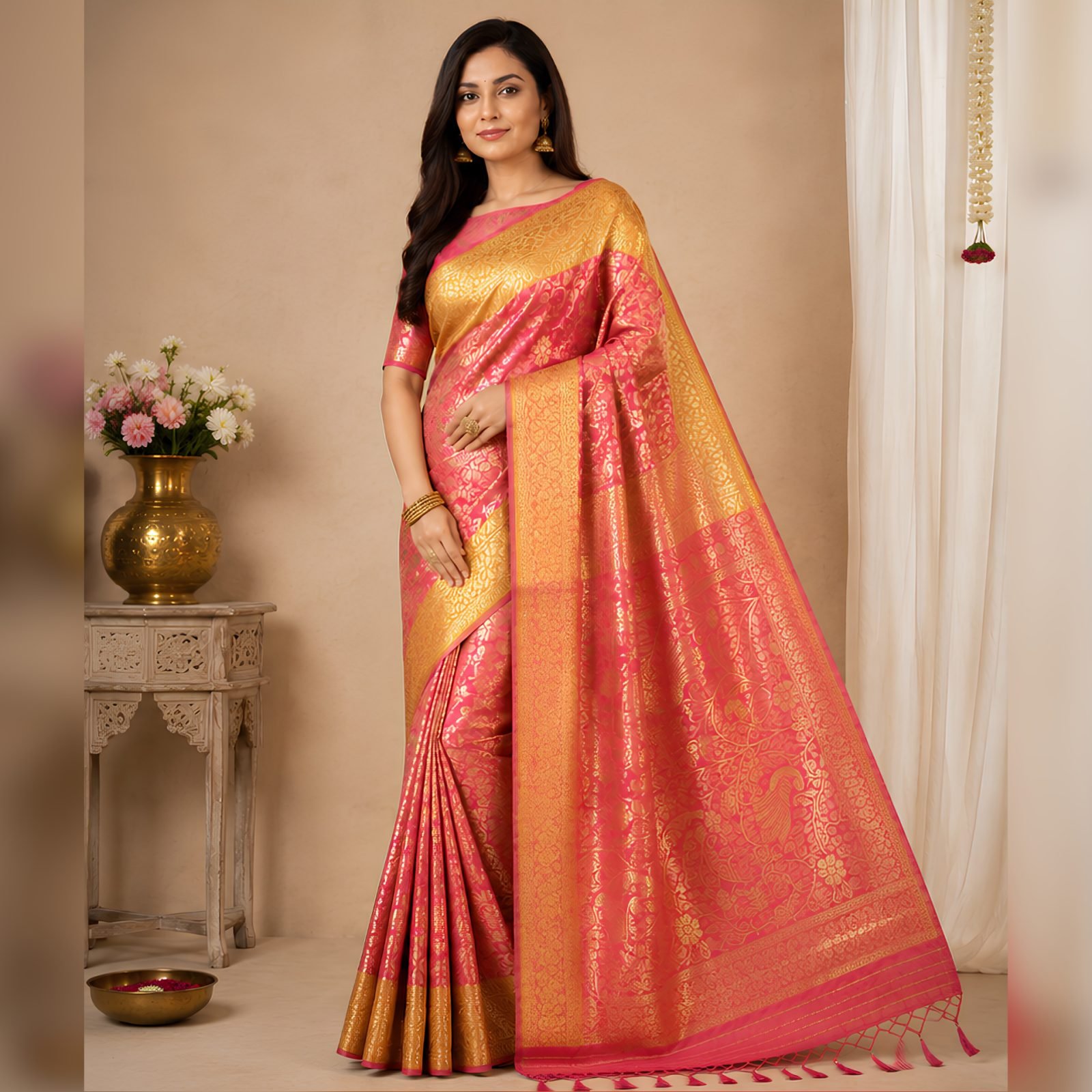Rangisha Kanjeevaram Style Silk Saree with Golden Zari Woven Pallu and Ornate Broad Border