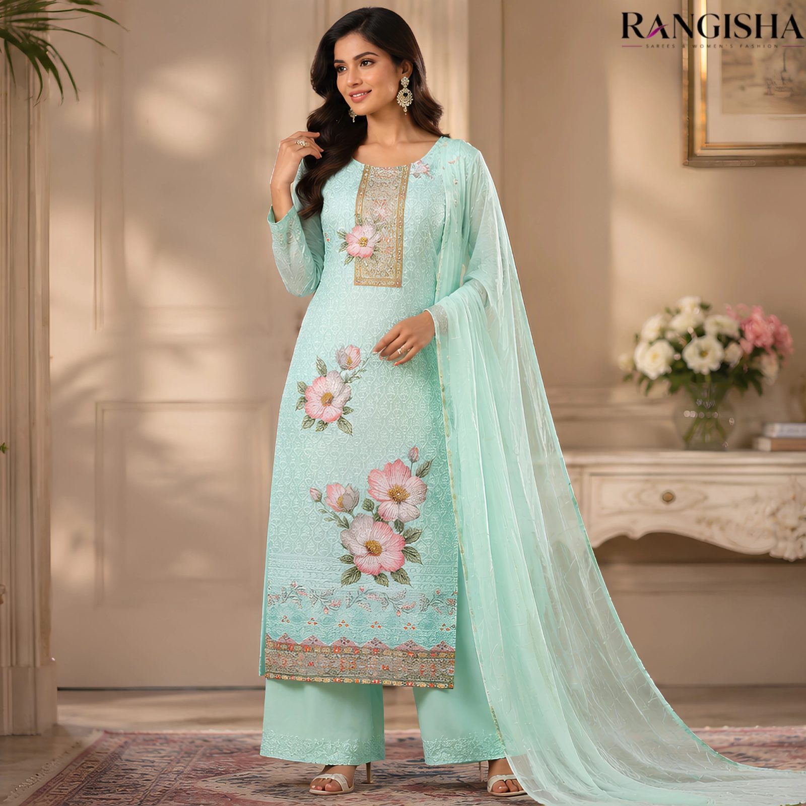 Rangisha Women Floral Embroidered Regular Thread Work Pure Cotton Kurta with Trousers & With Dupatta