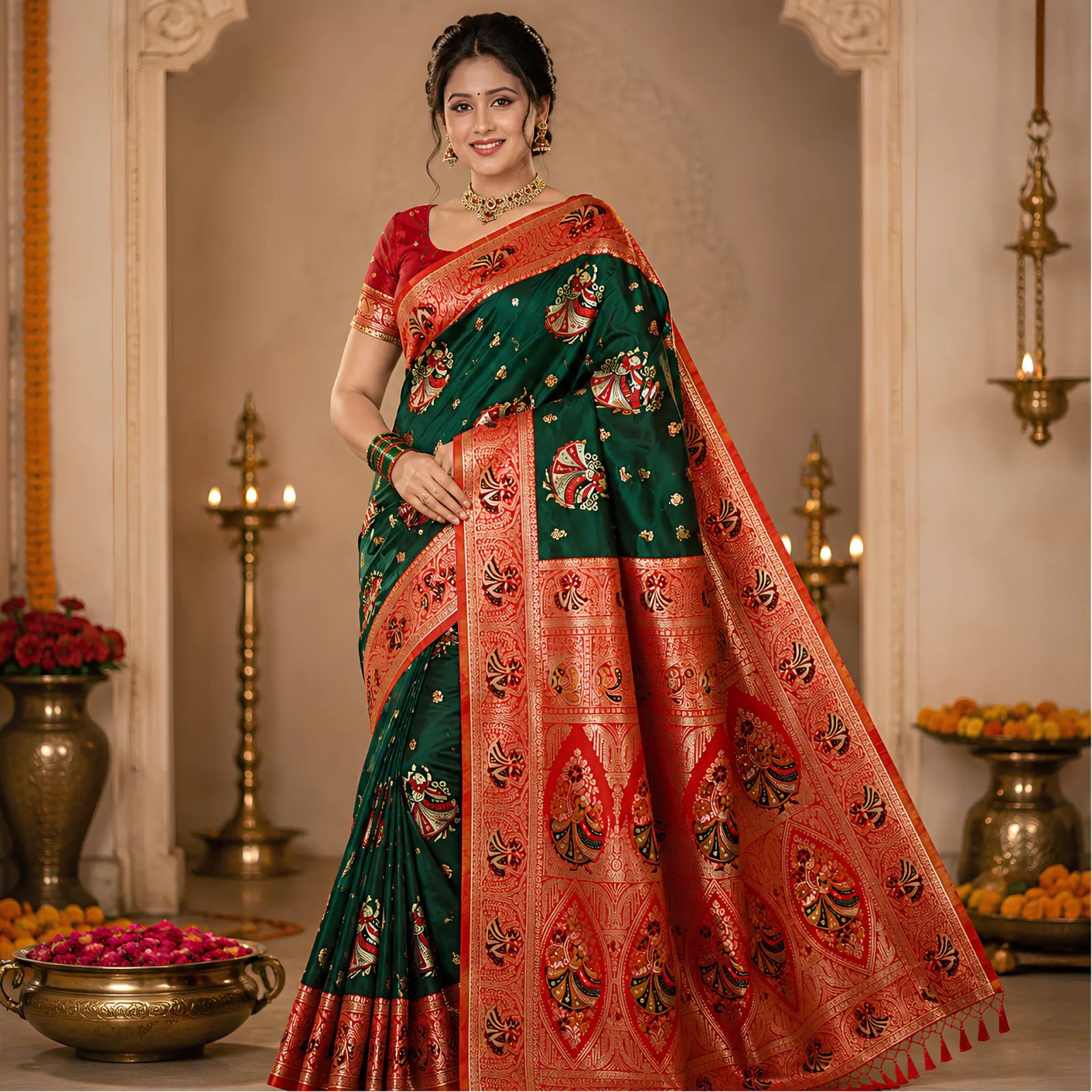 Rangisha Pure Original Silk Banarasi Saree in Bottle Green with Red Kalamkari Border