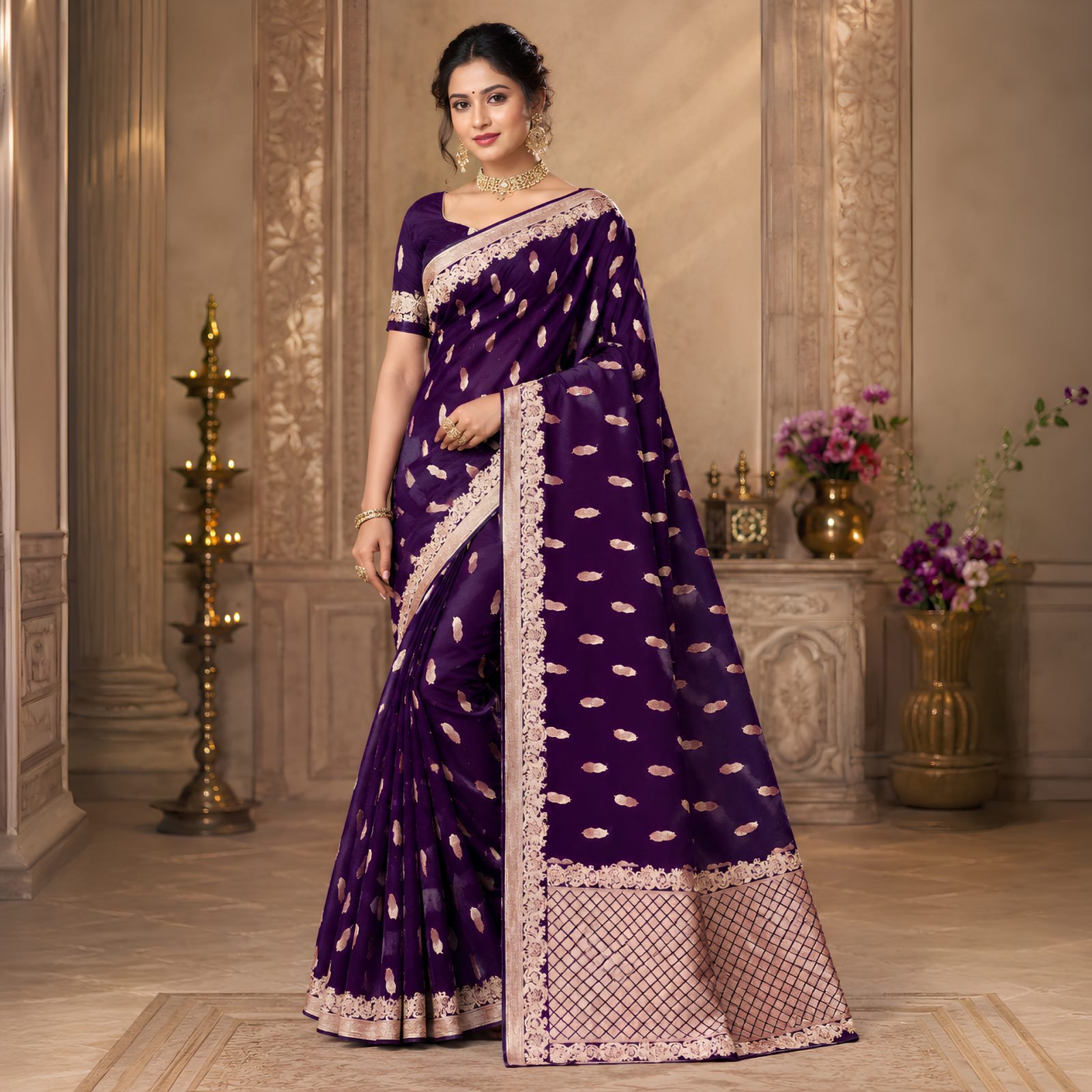 Rangisha Woven Banarasi Cotton Silk Saree in Blue with Zari Border and Blouse Piece