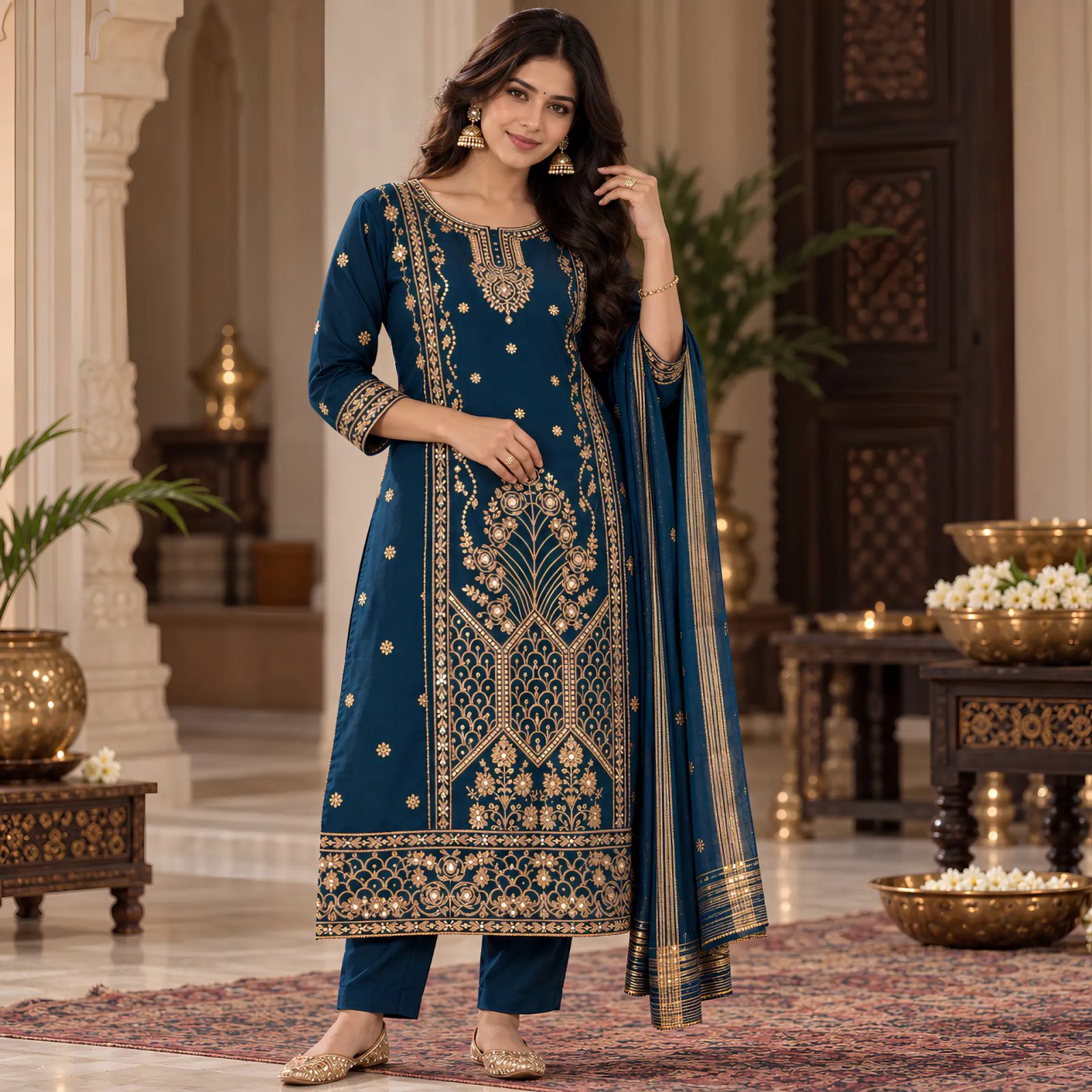 Rangisha Hand Embroidered Kurta Pant Dupatta Set with Stone Work
