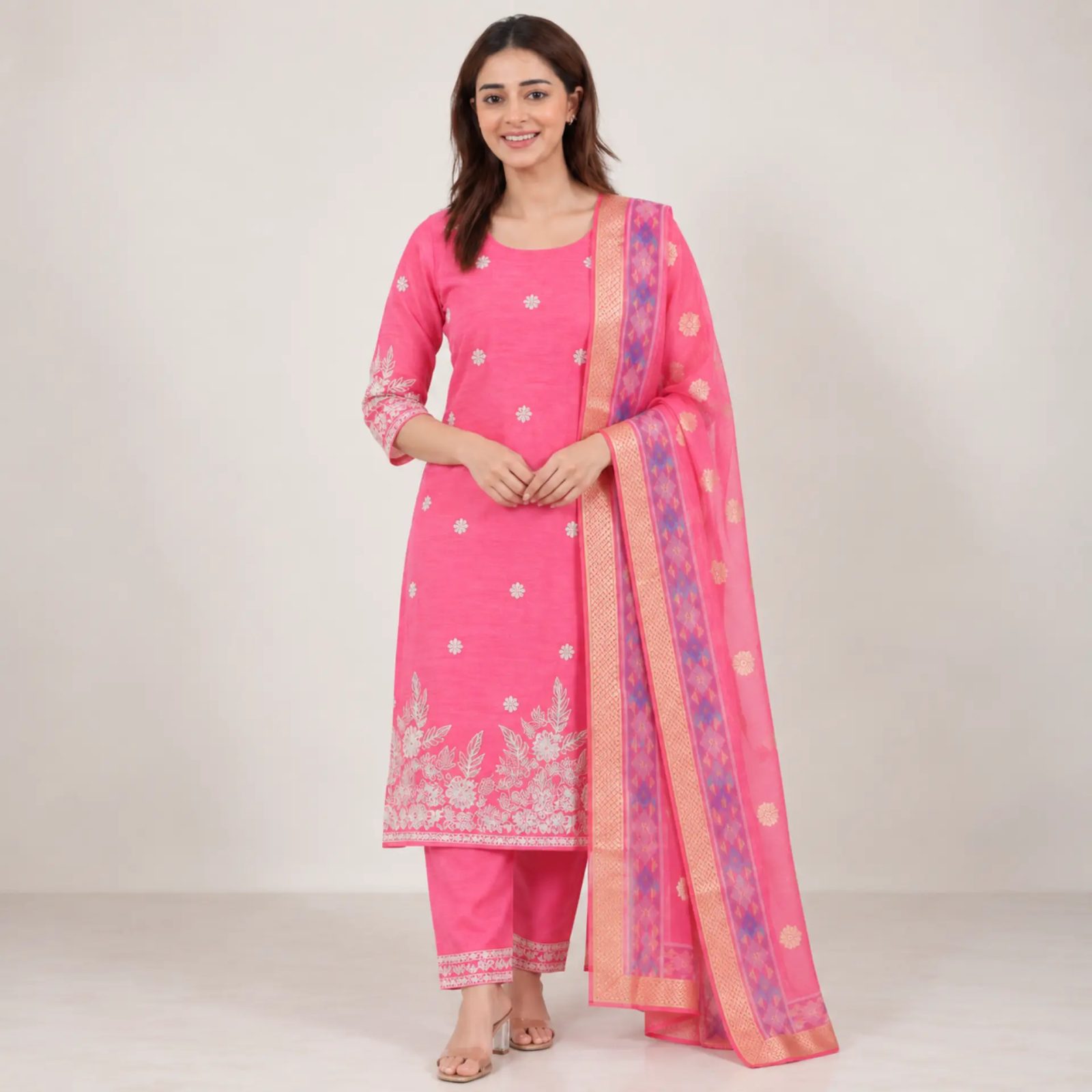 Floral Embroidered Regular Thread Work Pure Silk Kurta with Trousers & With Dupatta