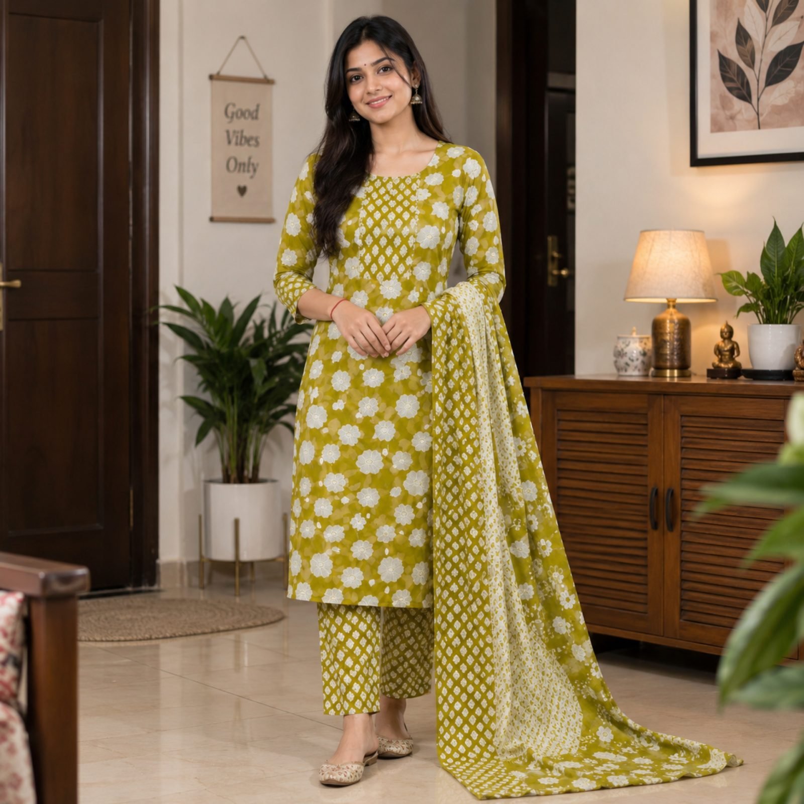 Rangisha Green Floral Print Cotton Kurta Pant and Dupatta Set