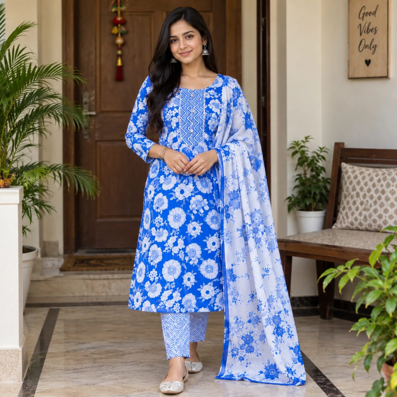 Rangisha Blue Floral Printed Pure Cotton Kurta with Trousers and Dupatta